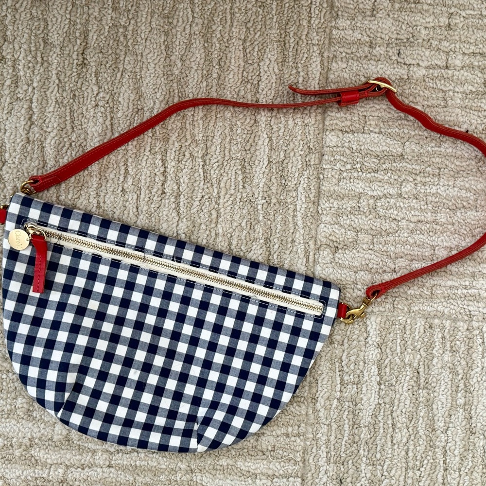Clare V. Navy and White Checkered Gingham Check Grande Fanny with Red Strap - Picture 2 of 6